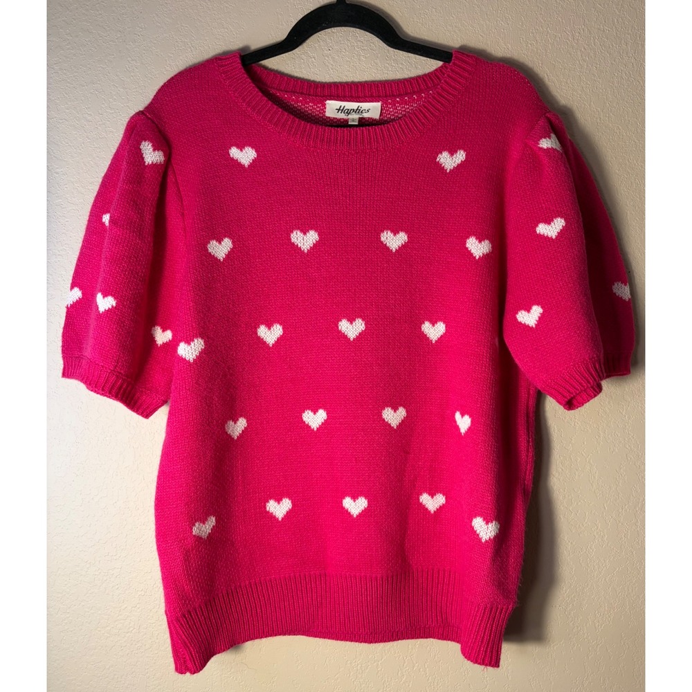 Haptics Hot Pink White Heart Puff Sleeve Knit Sweater Large